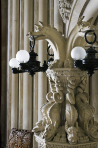 One of the fantastically decorated luminaires in the Grand Hall at Penrhyn Castle, Gwynedd