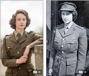 Sarah Gadon, left, as Queen Elizabeth, right, in "The Royal Night Out" about the Queen's adventures on VE Day. Courtesy of The Daily Mail.