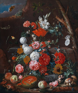 Oil painting on canvas, A Still Life of Flowers and Fruit arranged on a Stone Plinth in a Garden, by Cornelis de Heem (Leiden 1631 ¿ Antwerp 1695), mid 1680s, signed on the edge of the stone ledge, middle right: C. DE.HEEM.