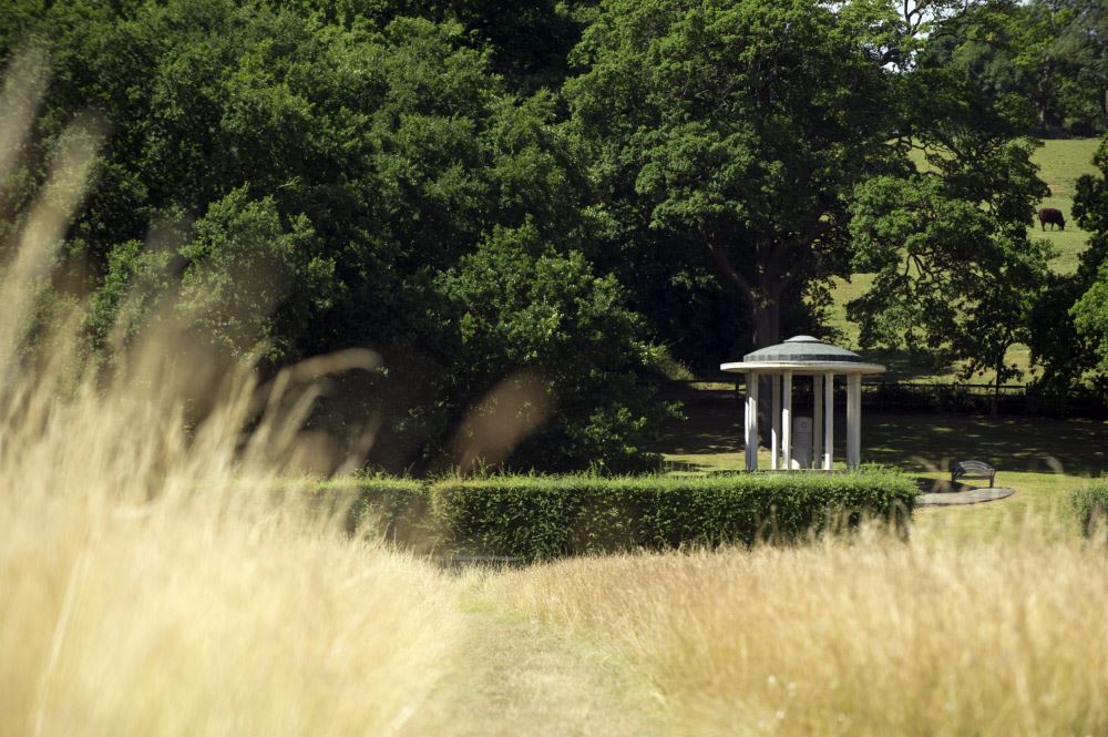 The Magna Carta Memorial from across the meadow at Runnymede, Surrey