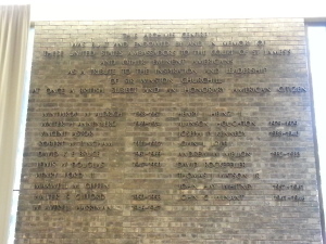 The wall of donors at the Churchill College at Cambridge University. Donors include Vincent Astor, Henry Ford II, Joseph Kennedy, David Rockefeller and Henry J. Heinz. 