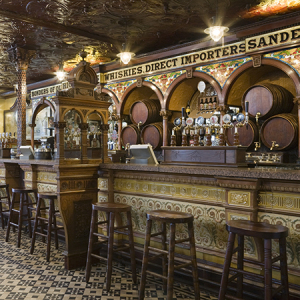 A view inside The Crown Bar, Great Victoria Street, Belfast. Formerly known as the Crown Liquor Saloon, the pub building dates from 1826 but the wonderful late Victorian craftsmanship of the tiling, glass and woodwork undertaken by Italian workers dates from 1898.