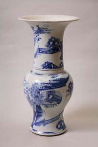 One of a pair of Chinese porcelain baluster-shaped vases, Kangxi period (1662-1722), decorated in blue and white with scenes from The Romance of the West Chamber, at Lyme Park, NT 499329.1. ©National Trust/Robert Thrift