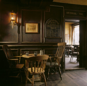 The George Inn, Southwark, London, view showing table and chairs with tankards