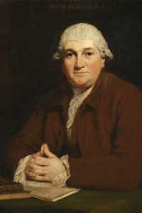 Oil painting on canvas, David Garrick (1717-1779) `The Prologue Portrait¿ by Sir Joshua Reynolds (Plympton 1723 - London 1792), circa 1776.A half-length portrait, turned slightly to the left, gazing at the spectator seated at a table on which are quill, books and folio entitled Prologue, his hands clasped and his thumbs pressed together,, wearing a brown coat, white lace stock and cuffs, and powdered wig. Not the pentimenti in the rendition of the painted thumb.