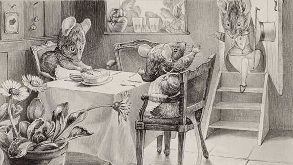 Dinner in Mouseland, 1890-1895. Beatrix made this drawing in pencil, ink and watercolour using the grisaille technique / NT 242737 