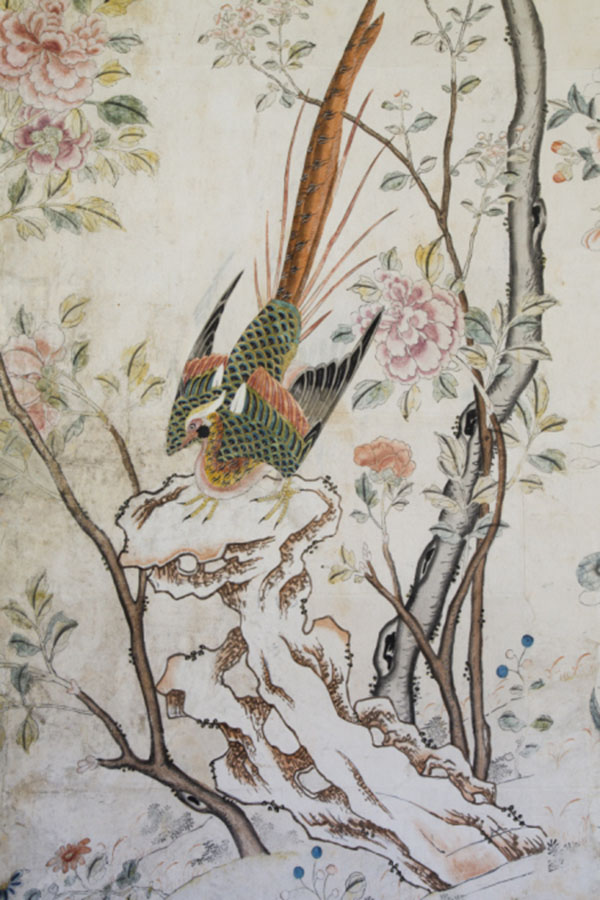 Close up of the wallpaper in the Chinese Bedroom at Felbrigg House, Norfolk