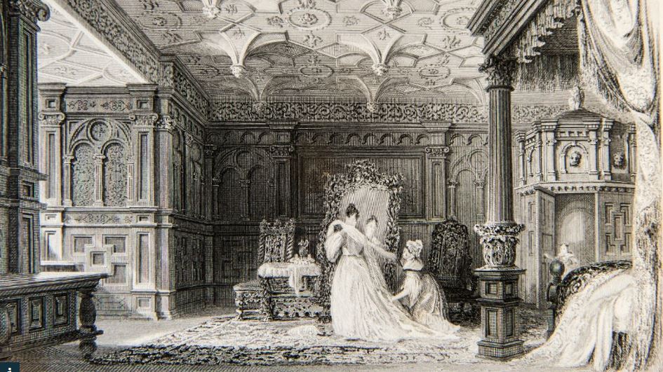 The inlaid chamber was well known through reproductive prints such as this engraving after Thomas Allom in T. Rose, Westmorland, Cumberland, Durham and Northumberland, 1833 / NT 3033875