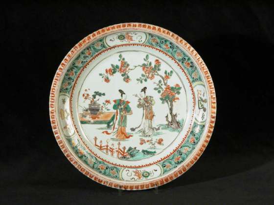 Chinese porcelain serving dish, part of a 25-piece dinner service, depicting two female figures in a garden, c. 1695-1710, at Shugborough, NT 1270511.2.2. ©National Trust/Sophia Farley