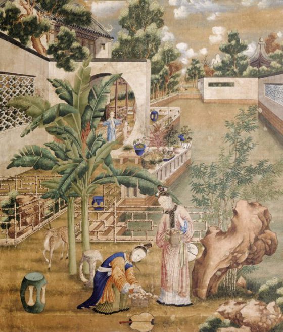 Chinese painting on paper depicting female figures in a garden, used as wallpaper in the Study at Saltram, mid eighteenth century, NT 873000. ©National Trust Images/John Hammond