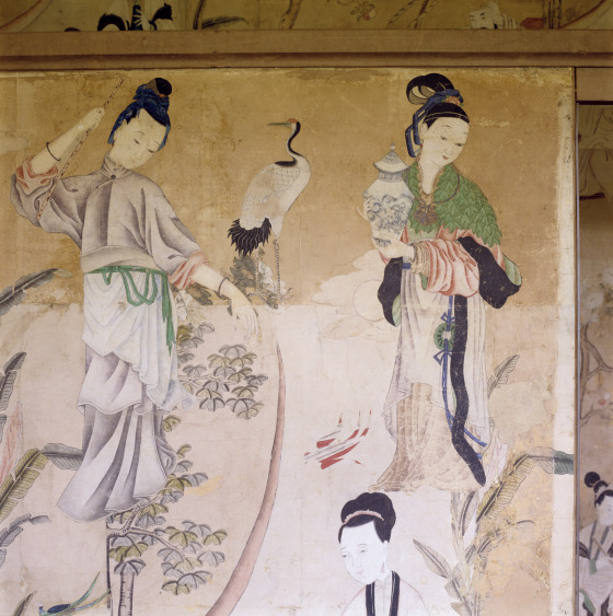 Chinese woodblock prints of female figures pasted onto a partition in the Chinese dressing room at Saltram, NT 872998. ©National Trust Images/Andreas von Einsiedel