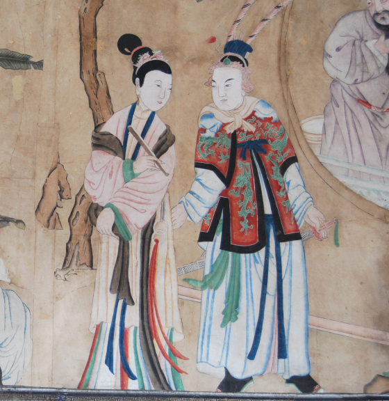Female and male figure in a Chinese woodblock print used as wallpaper in the Chinese Dressing Room at Saltram, NT 872998. ©National Trust/Andrew Bush