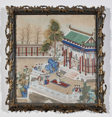 Chinese painting on paper depicting a dance performance on a terrace outside a pavilion with ladies and their attendants watching. One of a set of One of a set of six Chinese paintings on paper, probably mid eighteenth century, at Shugborough Hall, Staffordshire, NT 1271100.4. ©National Trust Images/Paul Highhnam