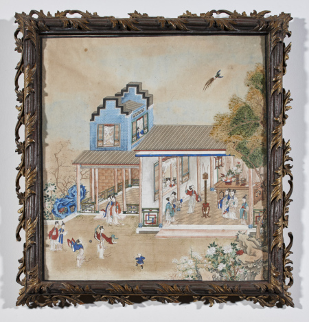Chinese painting on paper depicting ladies and their attendants in a pavilion with a stepped gable, with two female figures and a child playing a ball game in the foreground, probably mid eighteenth century, at Shugborough Hall, Staffordshire, NT 1271100.3. ©National Trust Images/Paul Highhnam