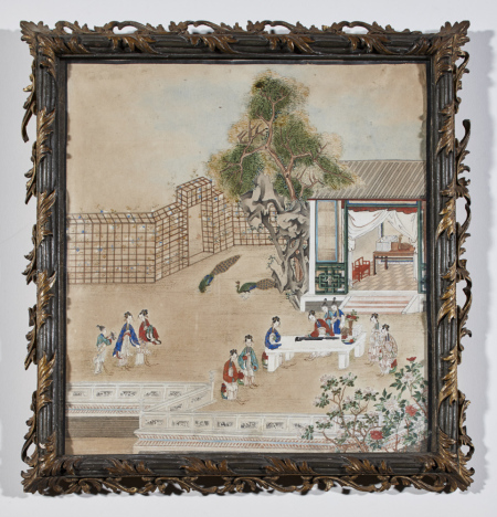 Chinese painting on paper depicting a lady playing a qin or seven-stringed zither in front of a pavilion, with other ladies listening and a pair of peacocks and trellis at left, probably mid eighteenth century, at Shugborough Hall, Staffordshire, NT 1271100.5. ©National Trust Images/Paul Highhnam