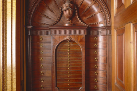 Close-up detail of the Chippendale medal cabinet dated 1767-8, Nostell Priory ©National Trust Images Andreas von Einsiedel