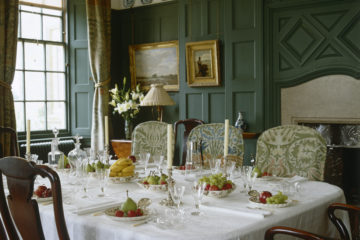 The Dining Room, looking over the table, set for dessert, at Standen, West Sussex ©National Trust Images/Nadia Mackenzie