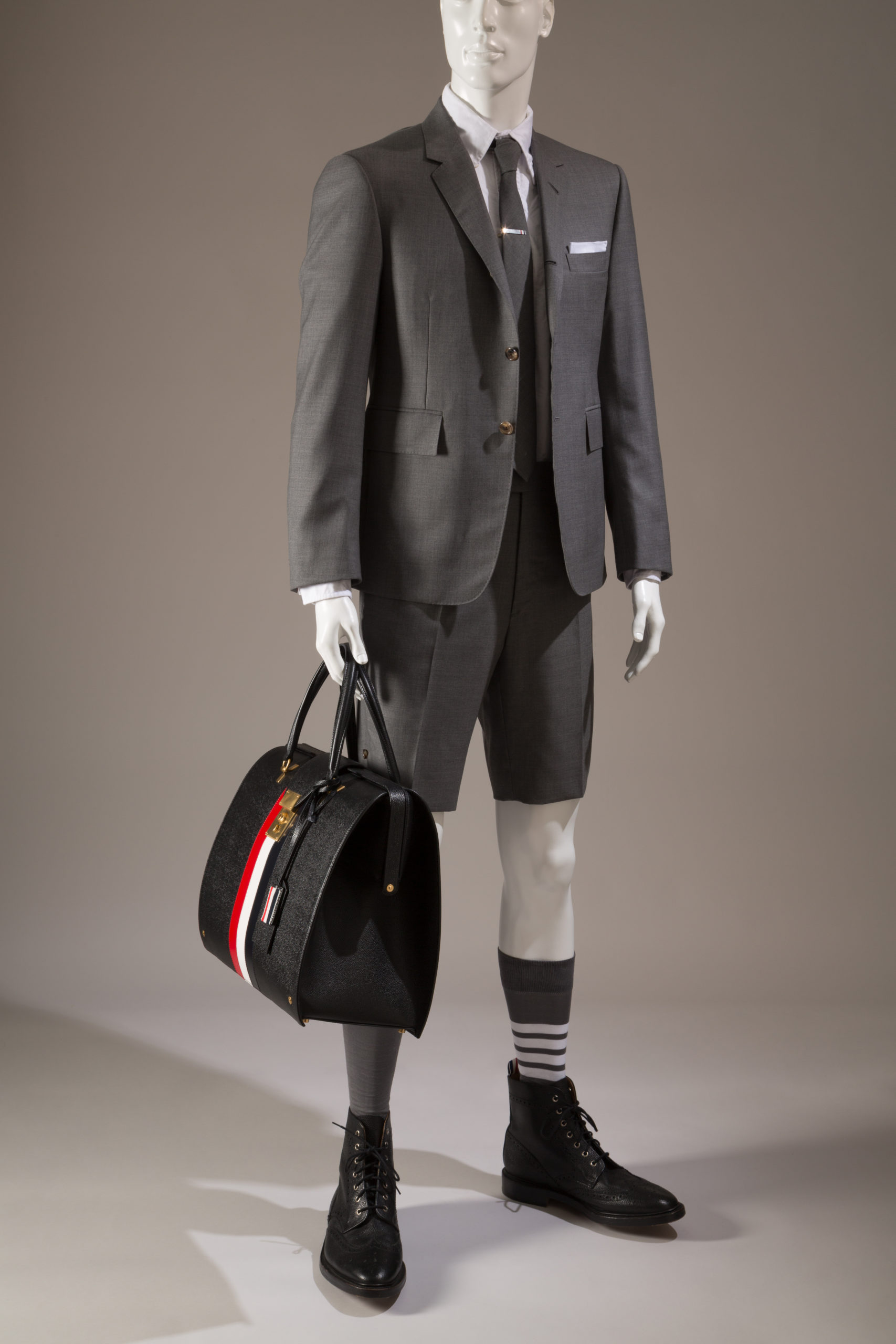 Thom Browne, man’s suit and bag, as worn by LeBron James during the 2018 NBA playoffs, Gift of Thom Browne.