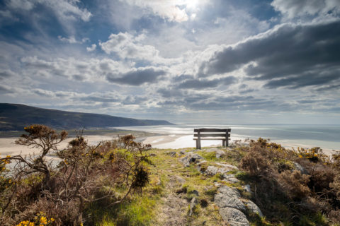 Seascape view from Dinas Oleu, gorse-covered cliffs rising behind Barmouth