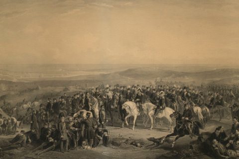 The Allied generals with the officers of their respective staffs before Sebastopol, mixed media engraving, 1859
