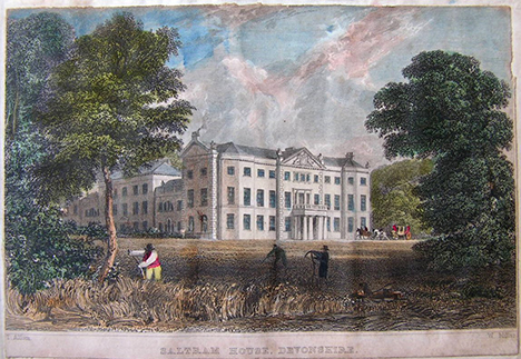 Antique Print - Saltram House, Devonshire by W Miller. Drawing of Saltram House framed by green trees and field workers in the foreground
