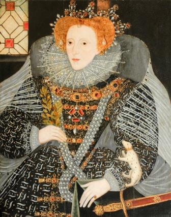 Queen Elizabeth I, by English School. Woman with red hair, a ruffled collar and bejeweled dress