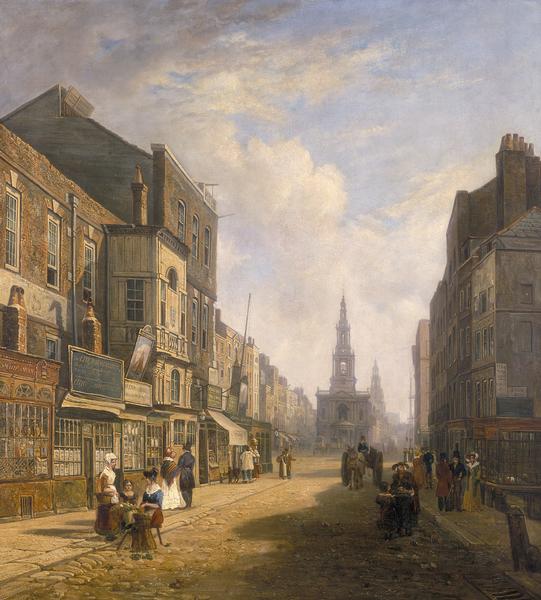 Drawing of The Strand looking eastward. Drawn street scene in color