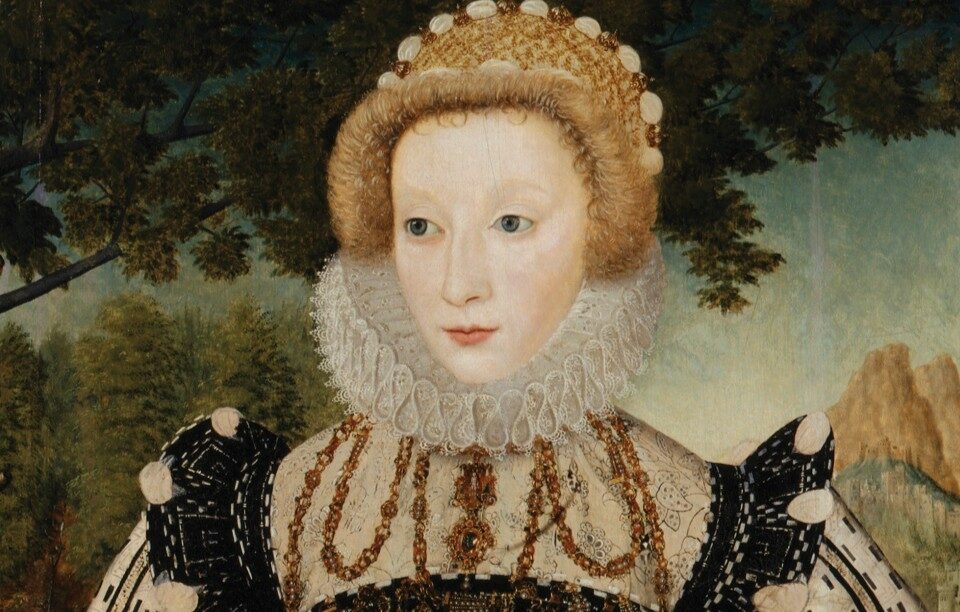 Elizabethan Woman with red hair. Wearing a white collar ruff, jewels and a black dress.